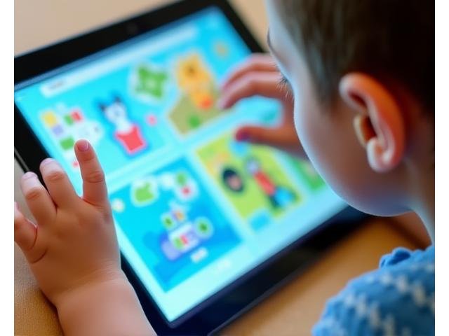 Παιδί που αλληλεπιδρά με tablet με γραφικά εκπαιδευτικής εφαρμογής